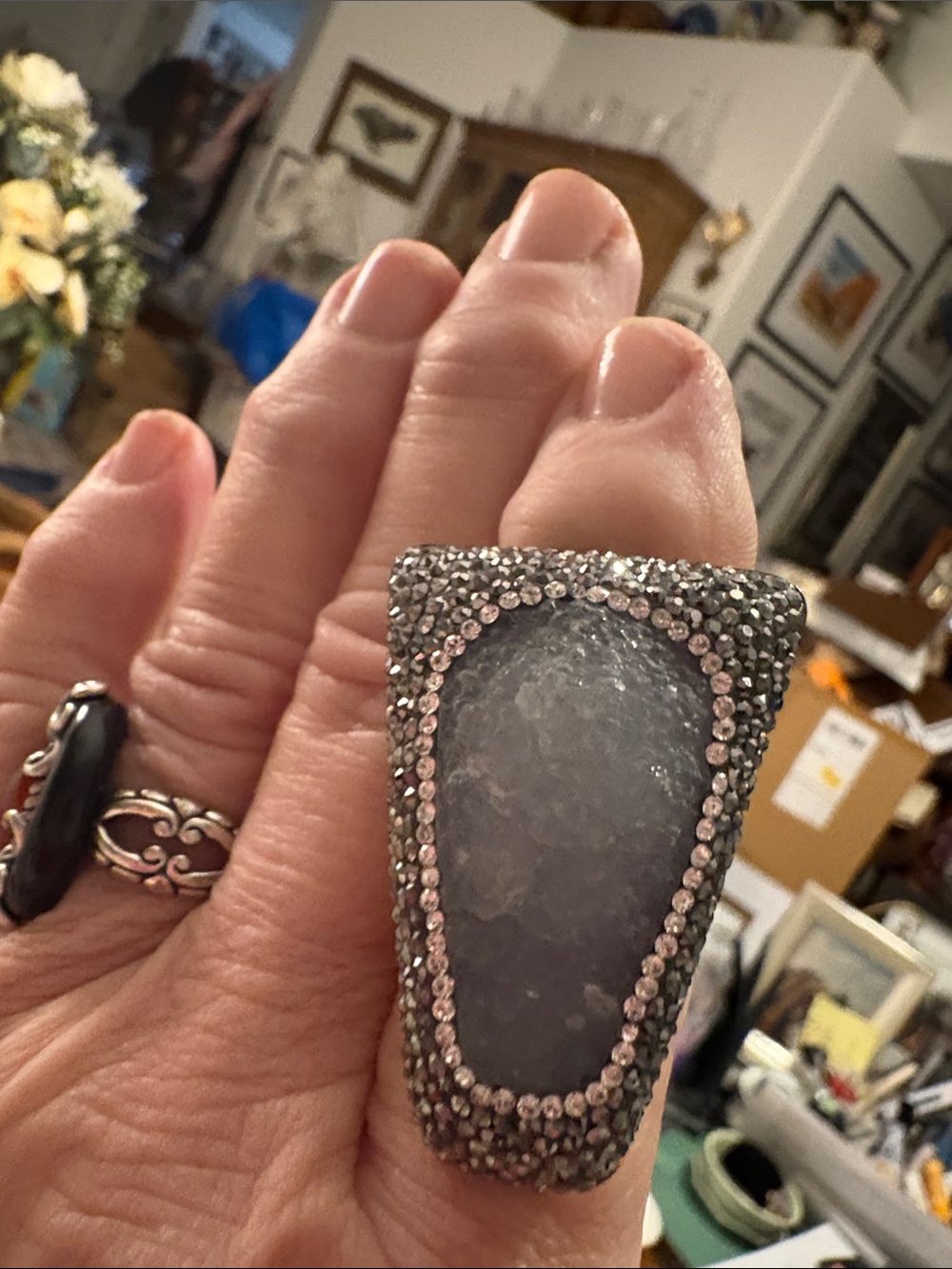 Quite Large Sterling and Druzy Ring With Marcasites